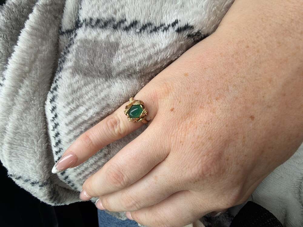 Handmade Wire Wrapped Green Stone Gold Tone Ring